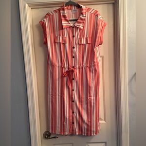 LuLaRoe Coral and White Striped Shirt Dress, M